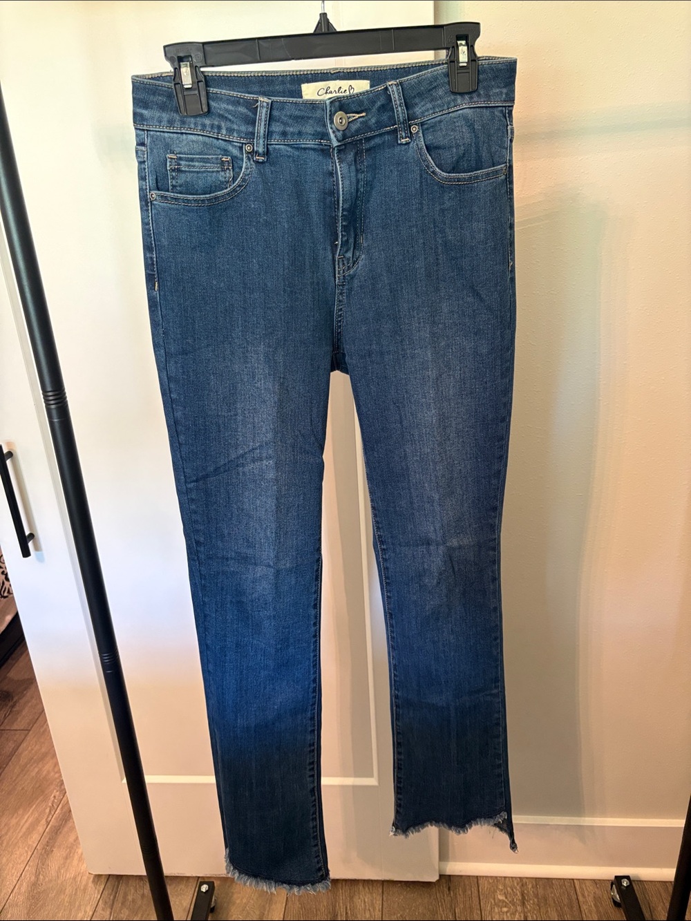 Charlie B Asymmetrical Raw Hem Straight Leg Jeans Blue Size 4